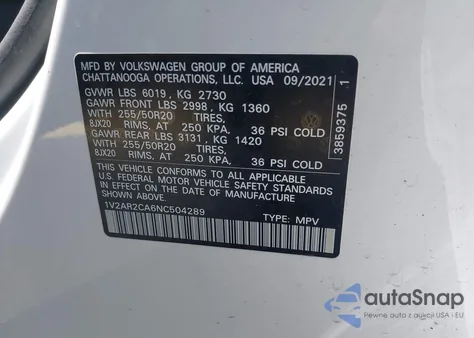 2022 Volkswagen Atlas 3.6L V6 Sel R-Line z USA, uszkodzony, nr VIN 1V2AR2CA6NC504289